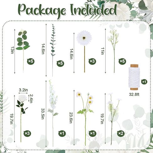 Hoteam 51 Pcs 26 Pcs DIY Flower Garland Artificial Hanging Wildflower Backdrop Set Fake Rose Eucalyptus Daisy Poppy Wild Flower Decor for Wedding Party Birthday Home Garden (White,Champagne,Pink) in Saudi Arabia