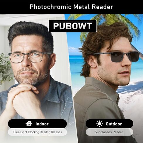 Reading Glasses Men Photochromic Blue Light Blocking Readers Wide Frame Style Metal Frame Tinted Eyeglasses PT2407 in Kuwait