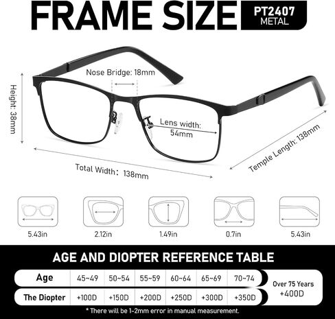 Reading Glasses Men Photochromic Blue Light Blocking Readers Wide Frame Style Metal Frame Tinted Eyeglasses PT2407 in Kuwait