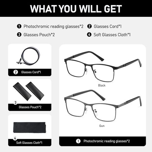 Reading Glasses Men Photochromic Blue Light Blocking Readers Wide Frame Style Metal Frame Tinted Eyeglasses PT2407 in Kuwait