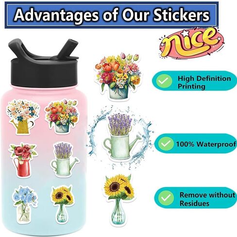 ملصقات زهرة جميلة لخلاصات زجاجات المياه المحمول ، 50 بكسل ملصقات الأزهار اللطيفة الهدايا للفتيات للنساء البالغ in Kuwait