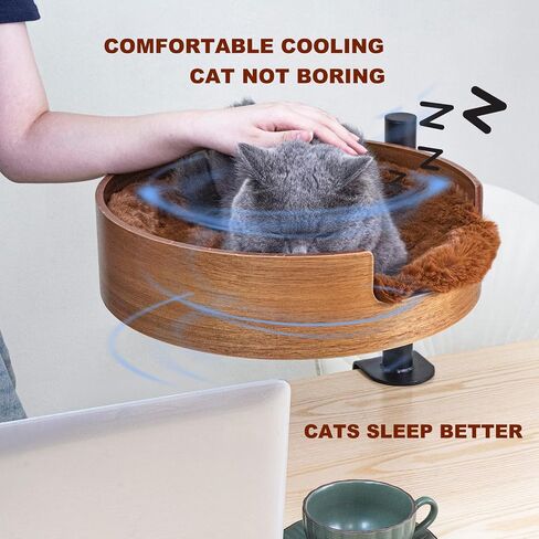 Cat Bed Desk with Pet Mat, Cat Hammock for Desk, Cat Bed Desk with Wooden Bowl, 360° Rotation and Adjustable Height, Brown in Kuwait