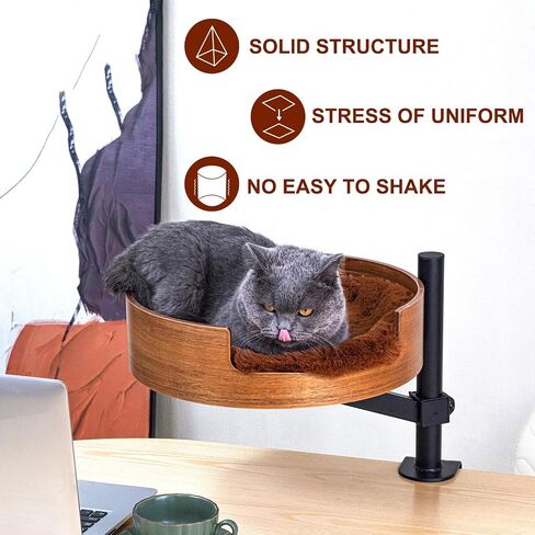 Cat Bed Desk with Pet Mat, Cat Hammock for Desk, Cat Bed Desk with Wooden Bowl, 360° Rotation and Adjustable Height, Brown in Kuwait