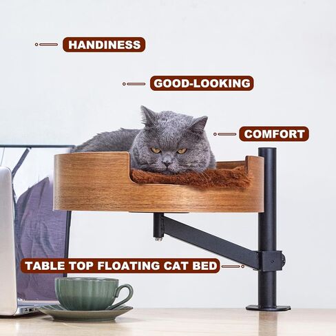 Cat Bed Desk with Pet Mat, Cat Hammock for Desk, Cat Bed Desk with Wooden Bowl, 360° Rotation and Adjustable Height, Brown in Kuwait