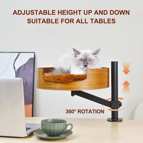 Cat Bed Desk with Pet Mat, Cat Hammock for Desk, Cat Bed Desk with Wooden Bowl, 360° Rotation and Adjustable Height, Brown in Kuwait