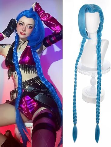 jinx cosplay wig 125cm/4ft for animated LOL Battle of the Twin Cities long dual Braid Heat Resistant Synthetic Hair Wigs in Kuwait