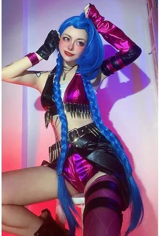 jinx cosplay wig 125cm/4ft for animated LOL Battle of the Twin Cities long dual Braid Heat Resistant Synthetic Hair Wigs in Kuwait