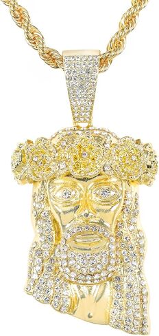 ICE STAR Men's Iced-Out Thorn Crown Jesus Pendant Necklace with 24" Rope Chain - Hip-Hop Jewelry with Simulated Crystals in Saudi Arabia