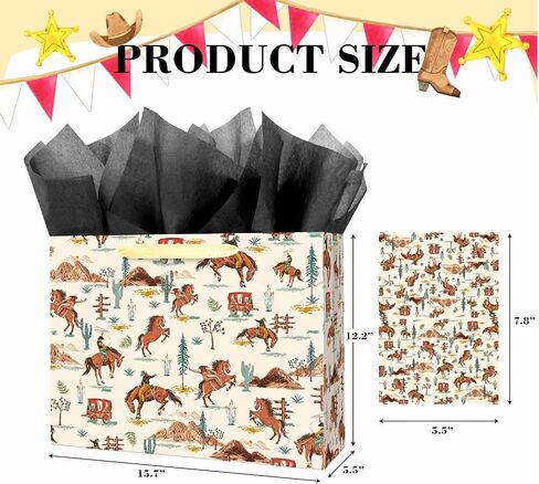Linelglobal Large Cowboy Gift Bag with Tissue Ppaer for Men Birthday Western Theme Party Rodeo Stuffer 12.6" in Saudi Arabia