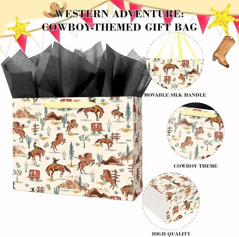 Linelglobal Large Cowboy Gift Bag with Tissue Ppaer for Men Birthday Western Theme Party Rodeo Stuffer 12.6" in Saudi Arabia