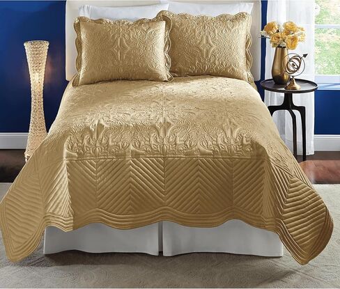 Montgomery Ward Aurelia Satin Quilt Bedding Set – Scallop Edge Floral Quilt Bedding Comforter for Elegant Bedroom Décor - Full/Queen in Kuwait