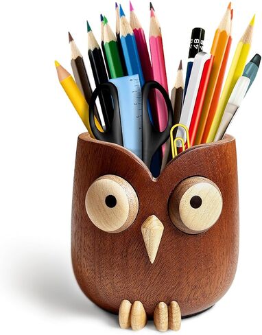 Ebony cute owl pen holder, makeup brush storage tube, magnetic eyes 360° rotation, unzip, suitable for office, school, household storage, office accessories creative gifts (dark brown) in Saudi Arabia