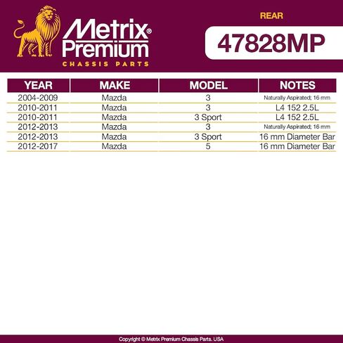 Metrix Premium Artrics Pressions-Bar Bar Bar Bar Bar Bar الخلفي تناسب 04-09 Mazda 3 بشكل طبيعي ، 10-11 Mazda 3 L4 152 2.5L ، 10-11 Mazda 3 Sport L4 152 2.5L ، 12-17 Mazda 5 ، استبدال K200808 in Saudi Arabia