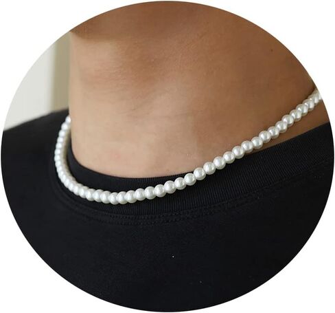 Pearl Necklace for Men,Mens Pearl Necklace,6mm 8mm White Pearl Choker Necklaces 16 18 20 22 24 inches in Saudi Arabia