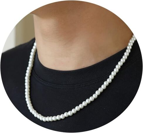 Pearl Necklace for Men,Mens Pearl Necklace,6mm 8mm White Pearl Choker Necklaces 16 18 20 22 24 inches in Saudi Arabia