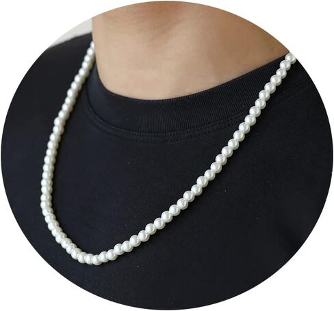 Pearl Necklace for Men,Mens Pearl Necklace,6mm 8mm White Pearl Choker Necklaces 16 18 20 22 24 inches in Saudi Arabia