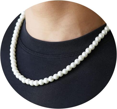Pearl Necklace for Men,Mens Pearl Necklace,6mm 8mm White Pearl Choker Necklaces 16 18 20 22 24 inches in Saudi Arabia