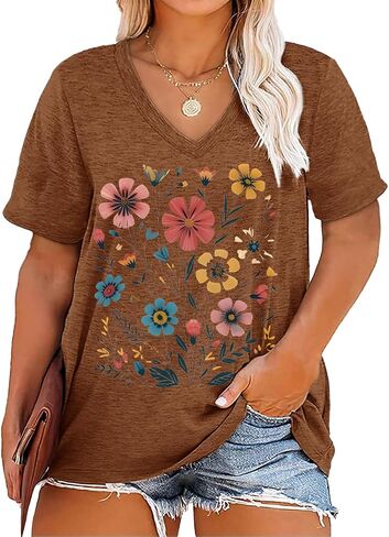Womens Plus Size Tops Boho Floral Short Sleeve V Neck T-Shirt Casual Summer Wildflower Graphic Tees in Saudi Arabia