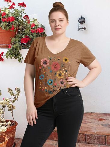 Womens Plus Size Tops Boho Floral Short Sleeve V Neck T-Shirt Casual Summer Wildflower Graphic Tees in Saudi Arabia