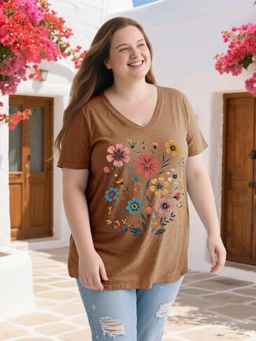 Womens Plus Size Tops Boho Floral Short Sleeve V Neck T-Shirt Casual Summer Wildflower Graphic Tees in Saudi Arabia