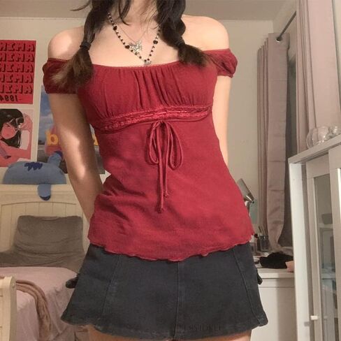 Women's Y2k Fairy Grunge Shirts See Through Square Neck Lace Tops Vintage Goth Aesthetic Shirt Coquette Clothes in Saudi Arabia