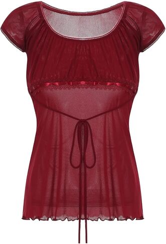 Women's Y2k Fairy Grunge Shirts See Through Square Neck Lace Tops Vintage Goth Aesthetic Shirt Coquette Clothes in Saudi Arabia