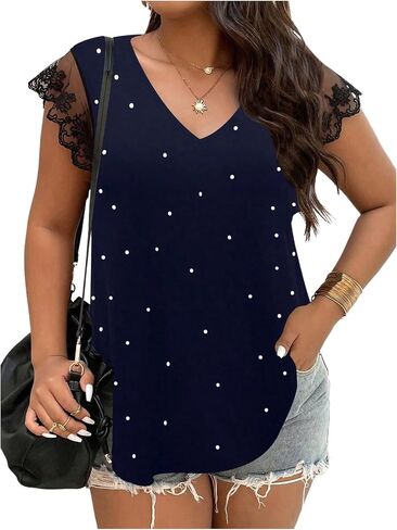 SOLY HUX Women's Plus Size Blouse Lace Mesh Cap Sleeve Shirts Pearl V Neck Summer Shirt Tops in Saudi Arabia