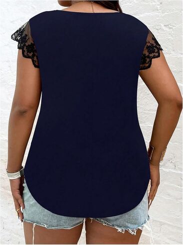 SOLY HUX Women's Plus Size Blouse Lace Mesh Cap Sleeve Shirts Pearl V Neck Summer Shirt Tops in Saudi Arabia
