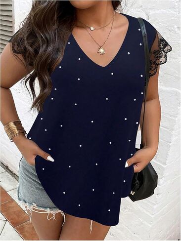 SOLY HUX Women's Plus Size Blouse Lace Mesh Cap Sleeve Shirts Pearl V Neck Summer Shirt Tops in Saudi Arabia