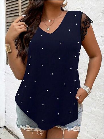 SOLY HUX Women's Plus Size Blouse Lace Mesh Cap Sleeve Shirts Pearl V Neck Summer Shirt Tops in Saudi Arabia