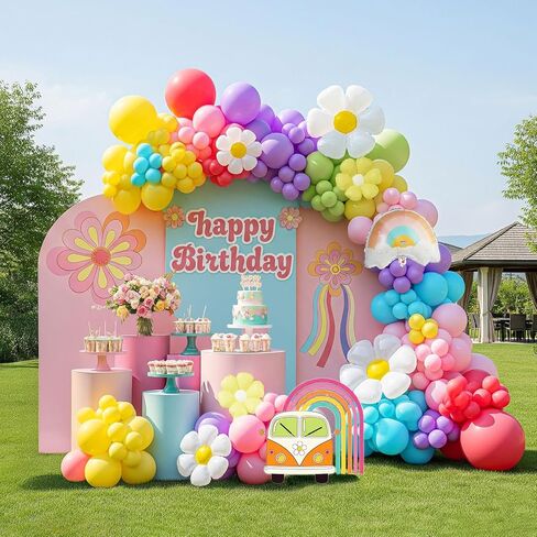 Pastel Daisy balloon arch kit 135Pcs Pastel pink yellow green blue red Purple balloons with rainbow daisy Flowr balloon for spring Baby Shower Easter Birthday tea Party spring decorations in Saudi Arabia