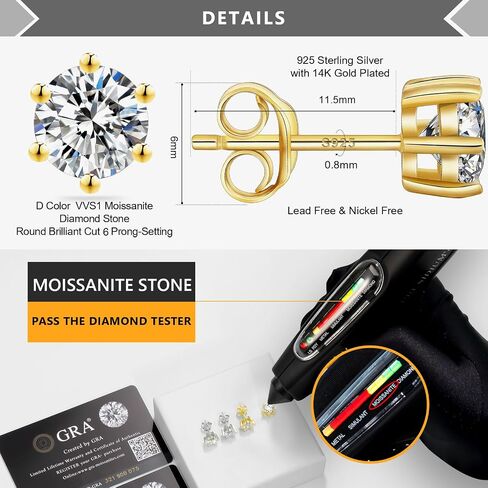 KRKC&CO Moissanite Studs Earrings, Sparkly Lab Created Earrings, S925 Sterling Silver, 6-Prong, 0.6-3CT, D Color, VVS1, 14K White Jewelry Gifts for Women in Saudi Arabia