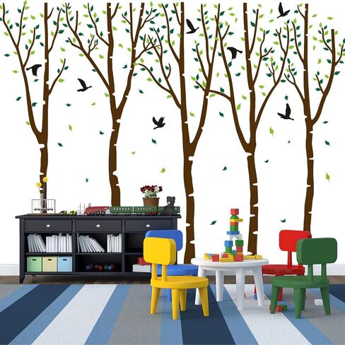 Giant Birch Tree Wall Decals DIY Leaves Wall Sticker Peel and Stick Wall Decor for Nursery Kids Girls Nursery Room Bedroom Living Room Kindergarten Classroom Decoration (Brown and Green) in Saudi Arabia