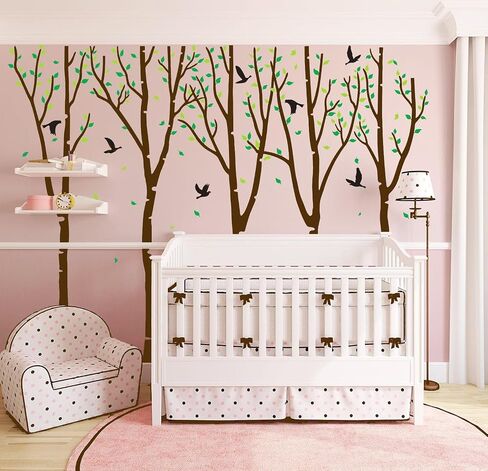 Giant Birch Tree Wall Decals DIY Leaves Wall Sticker Peel and Stick Wall Decor for Nursery Kids Girls Nursery Room Bedroom Living Room Kindergarten Classroom Decoration (Brown and Green) in Saudi Arabia