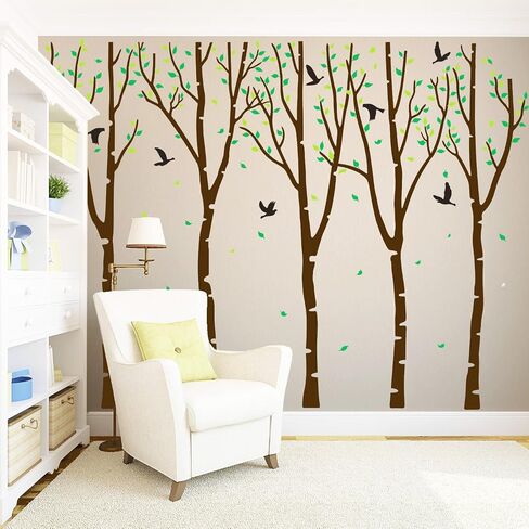 Giant Birch Tree Wall Decals DIY Leaves Wall Sticker Peel and Stick Wall Decor for Nursery Kids Girls Nursery Room Bedroom Living Room Kindergarten Classroom Decoration (Brown and Green) in Saudi Arabia