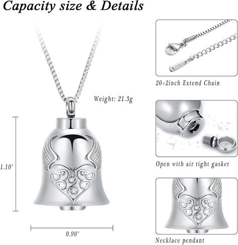 XSMZB Wings Heart Bell Urn Necklaces for Ashes for Men Women Bell Cremation Jewelry Ashes Keepsake Pendant Funeral Memorial Urn Jewelry in Saudi Arabia