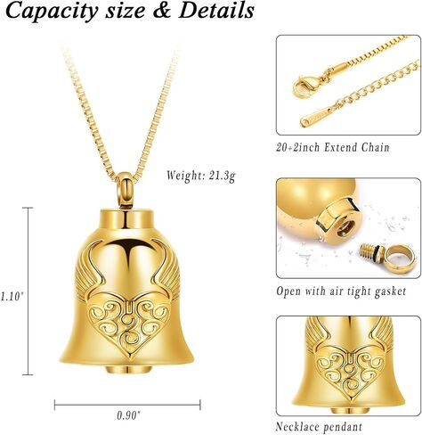 XSMZB Wings Heart Bell Urn Necklaces for Ashes for Men Women Bell Cremation Jewelry Ashes Keepsake Pendant Funeral Memorial Urn Jewelry in Saudi Arabia