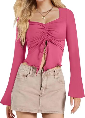 Aimcoo Women's Y2K Tie tops Tops Bell Sleeve Sexy Crop Top Stirts Long Squart in Kuwait