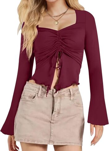 Aimcoo Women's Y2K Tie tops Tops Bell Sleeve Sexy Crop Top Stirts Long Squart in Kuwait