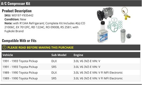 مجموعة ضاغط A/C - مع R134A - متوافقة مع 1989-1993 بيك آب تويوتا in Saudi Arabia