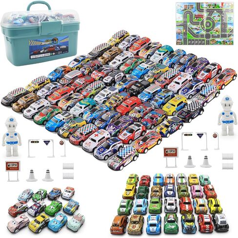 Mostop 100 PCS Mini Pull Back Car Set, Pull Back Racing Vehicles for Kids Toddlers, Kids Party Favors Car Pack Toy with Storage Box and Map, Bulk Small Vehicles, Push and Go Racing Cars for Kids in Saudi Arabia