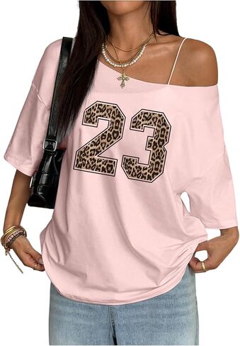 Wdirara Women's Off the Counter Jersey Shirt Leopard Number Tee Half Sleeve Eversive Top in Saudi Arabia