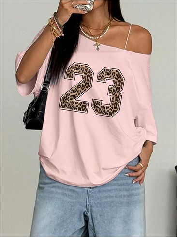 Wdirara Women's Off the Counter Jersey Shirt Leopard Number Tee Half Sleeve Eversive Top in Saudi Arabia