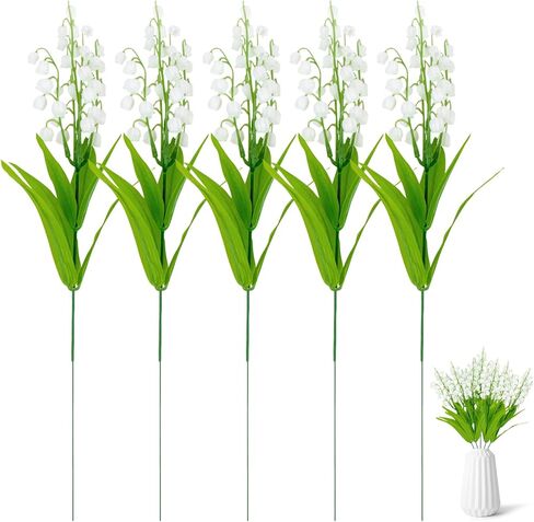 5PCS Artificial Flowers for Outdoors Lily of The Valley Plant Outdoor Artificial Flowers Indoor Bridal Wind Chime Orchid Wedding Bouquet Lilies May Flower for Party Home Decoration 13.5IN in Saudi Arabia