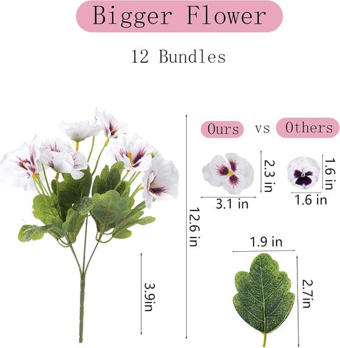 Fake Flowers for Outdoor, 12 Bundles Artificial Pansies Flowers for Outdoor Planters, Faux Plants with Extra Large Silk Flowers for Porch, Balcony Garden Patio Window Box Home Aesthetic (White) in Kuwait