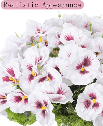 Fake Flowers for Outdoor, 12 Bundles Artificial Pansies Flowers for Outdoor Planters, Faux Plants with Extra Large Silk Flowers for Porch, Balcony Garden Patio Window Box Home Aesthetic (White) in Kuwait