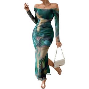 Women's Long Sleeve Off Shoulder Maxi Dress Mesh Square Neck Tie Dye Ruched Bodycon Wedding Guest Dresses in Kuwait