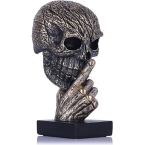 Black and Gold Speak No Evil Skull Sculpture – Gothic Halloween Figurine for Shelf or Desk, Resin Bronze Skeleton Statue for Goth Weird Home Decor, Dark Academia Office Spooky Accent in Saudi Arabia