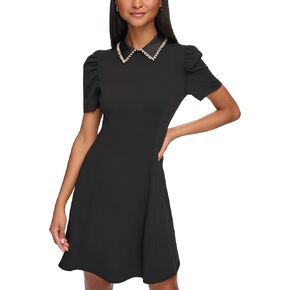 Karl Lagerfeld Womens Short Puff Sleeve Embellished Collar Scuba Crepe A-line Mini Dress in Saudi Arabia