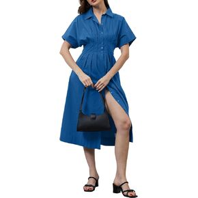 Missactiver Button Front Pront Pleate Dress for Women Summer Summer Stripled Sleeve Lapel v Neck Corset Maxi Dress in Kuwait